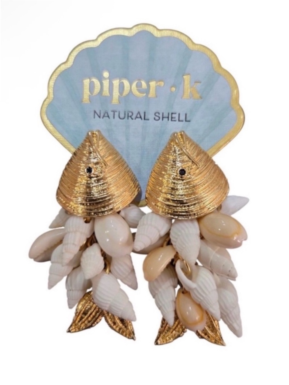 Piper K Gold-tone Natural Shell Cluster Earrings Shaped like a fish!